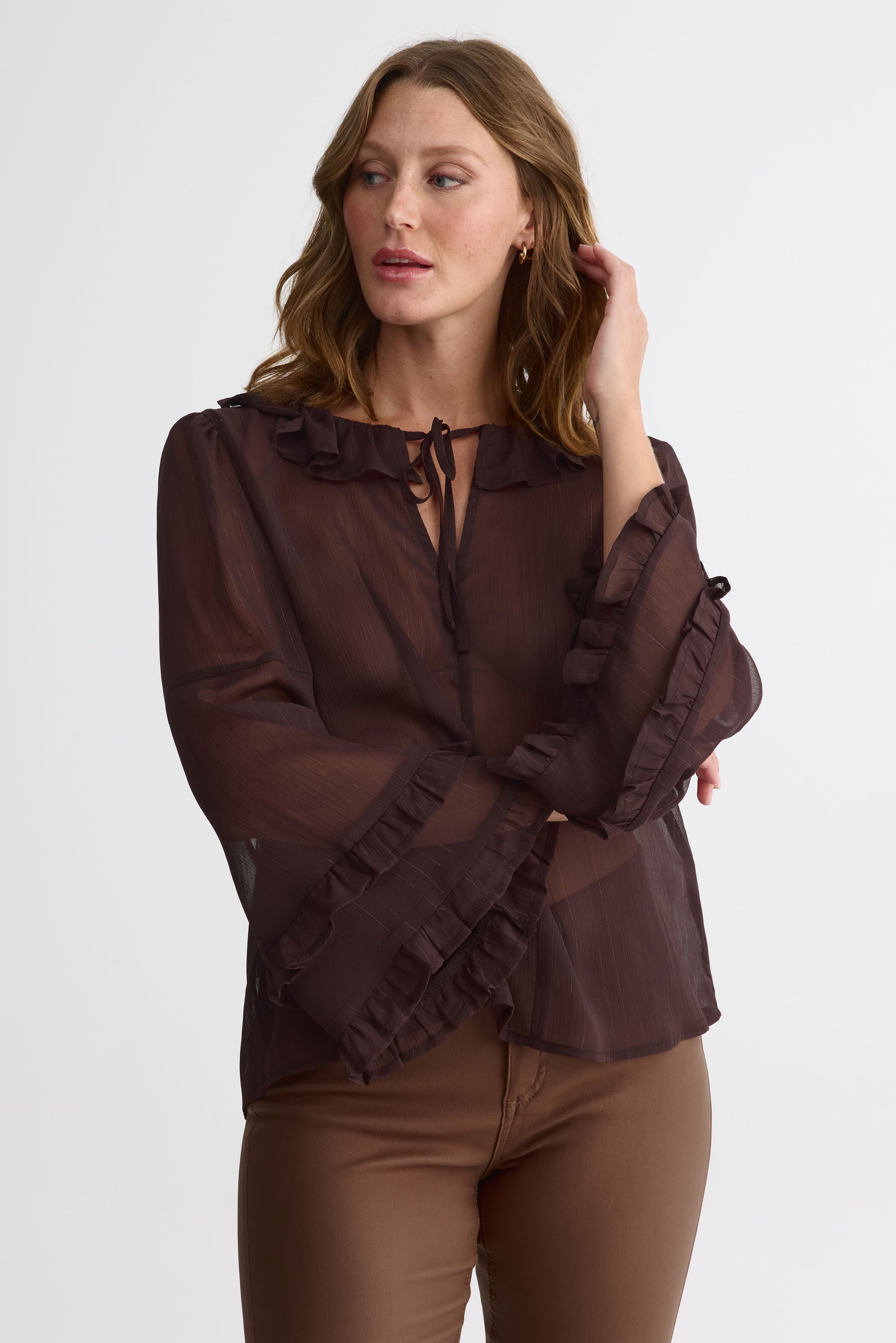 Blouse à volants manches longues – Femme - Aubainerie