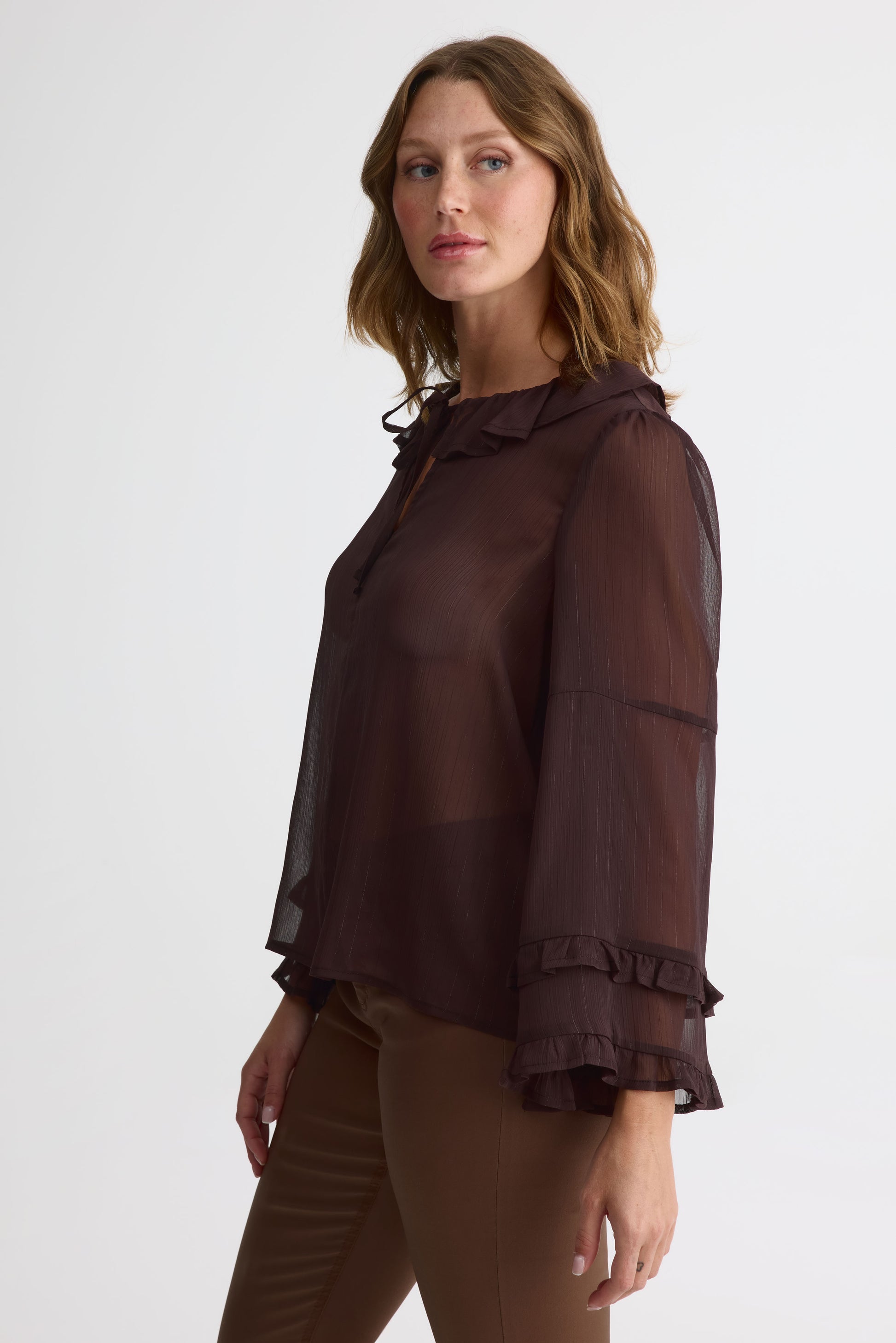 Blouse à volants manches longues – Femme - Aubainerie