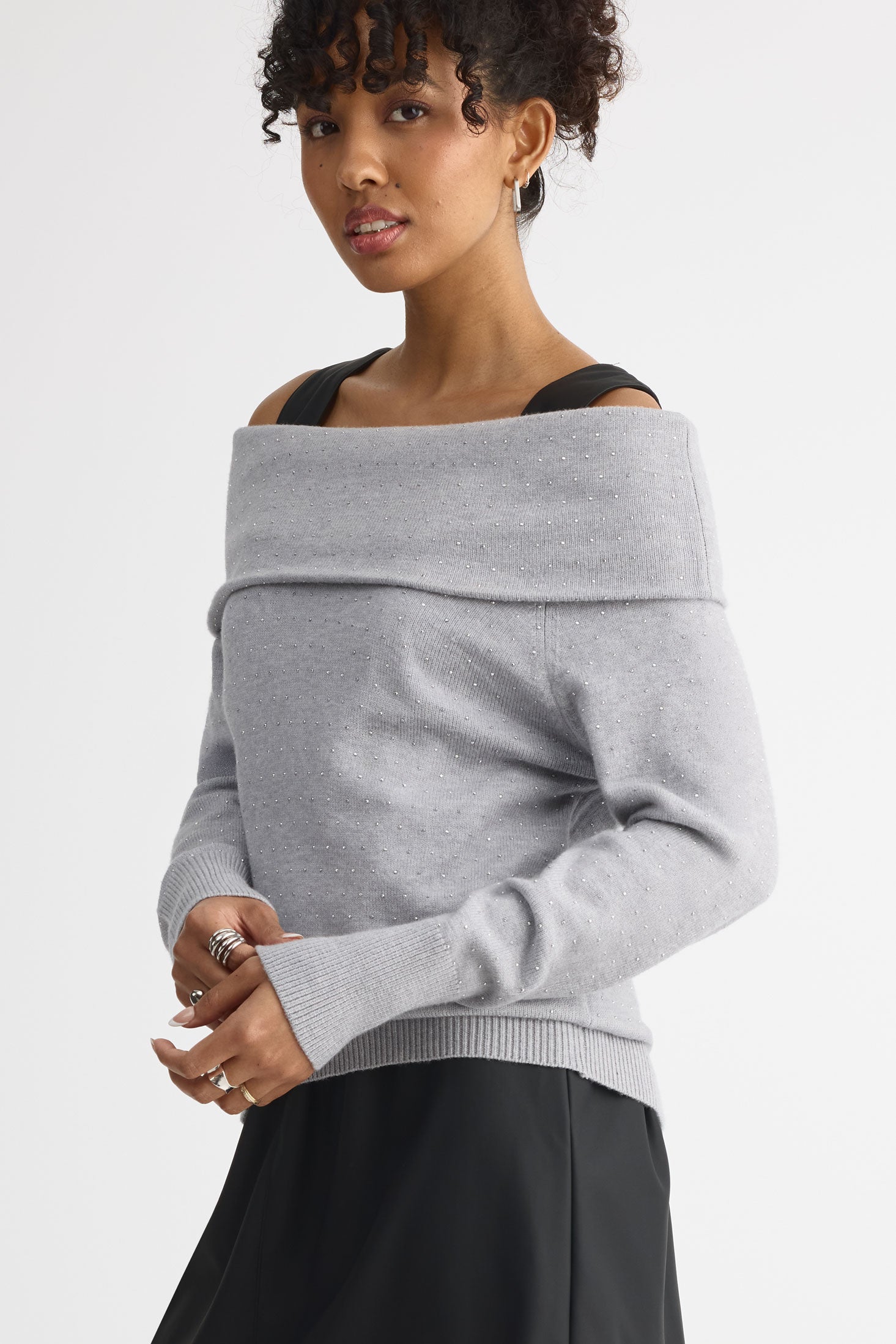 Chandail tricot off-shoulders – Femme && GRIS MIXTE