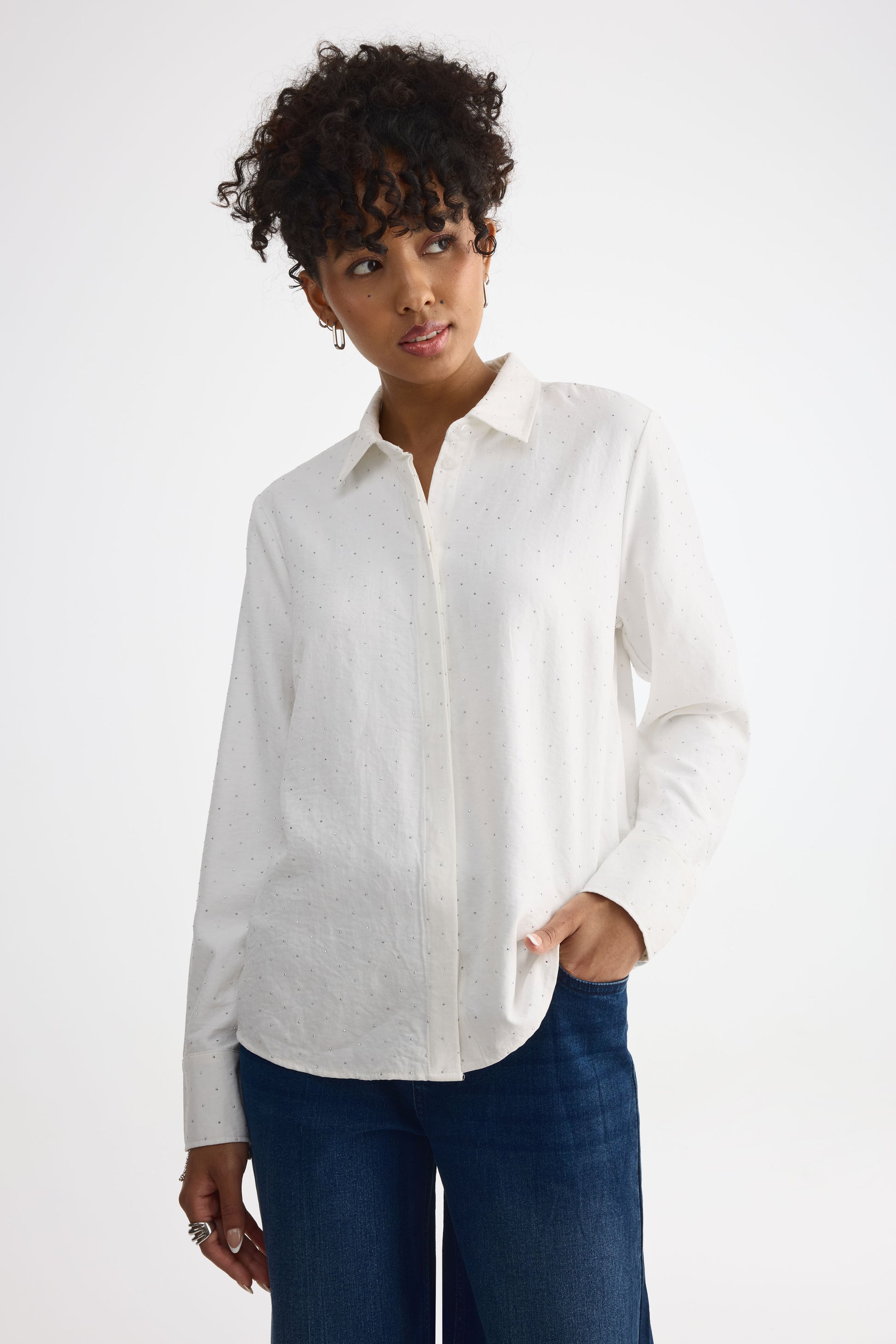 Chemisier semi-ajusté avec rhinestones - Femme && BLANC MULTI