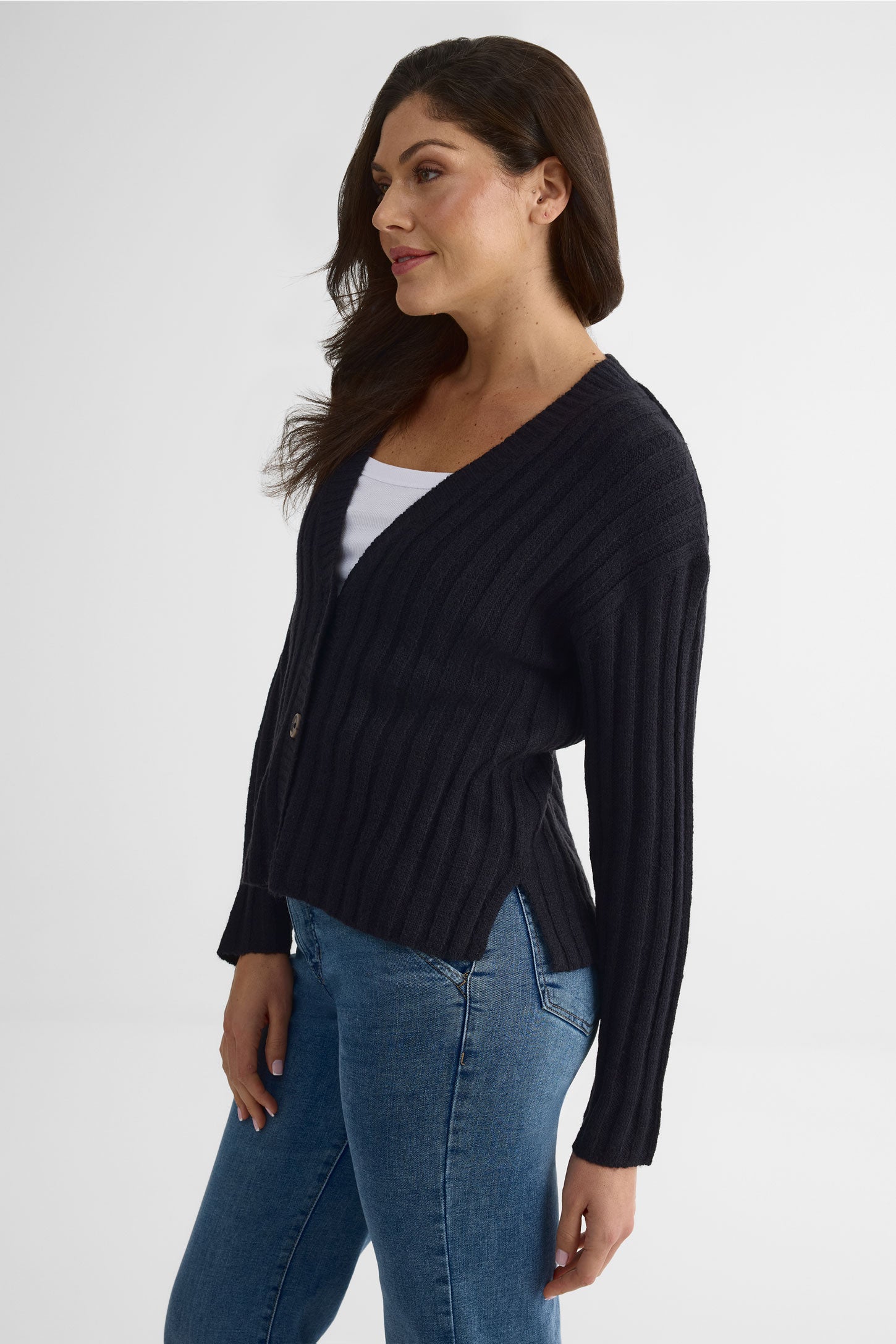 Cardigan cropped col V à manches longues – Femme && VERT MIXTE