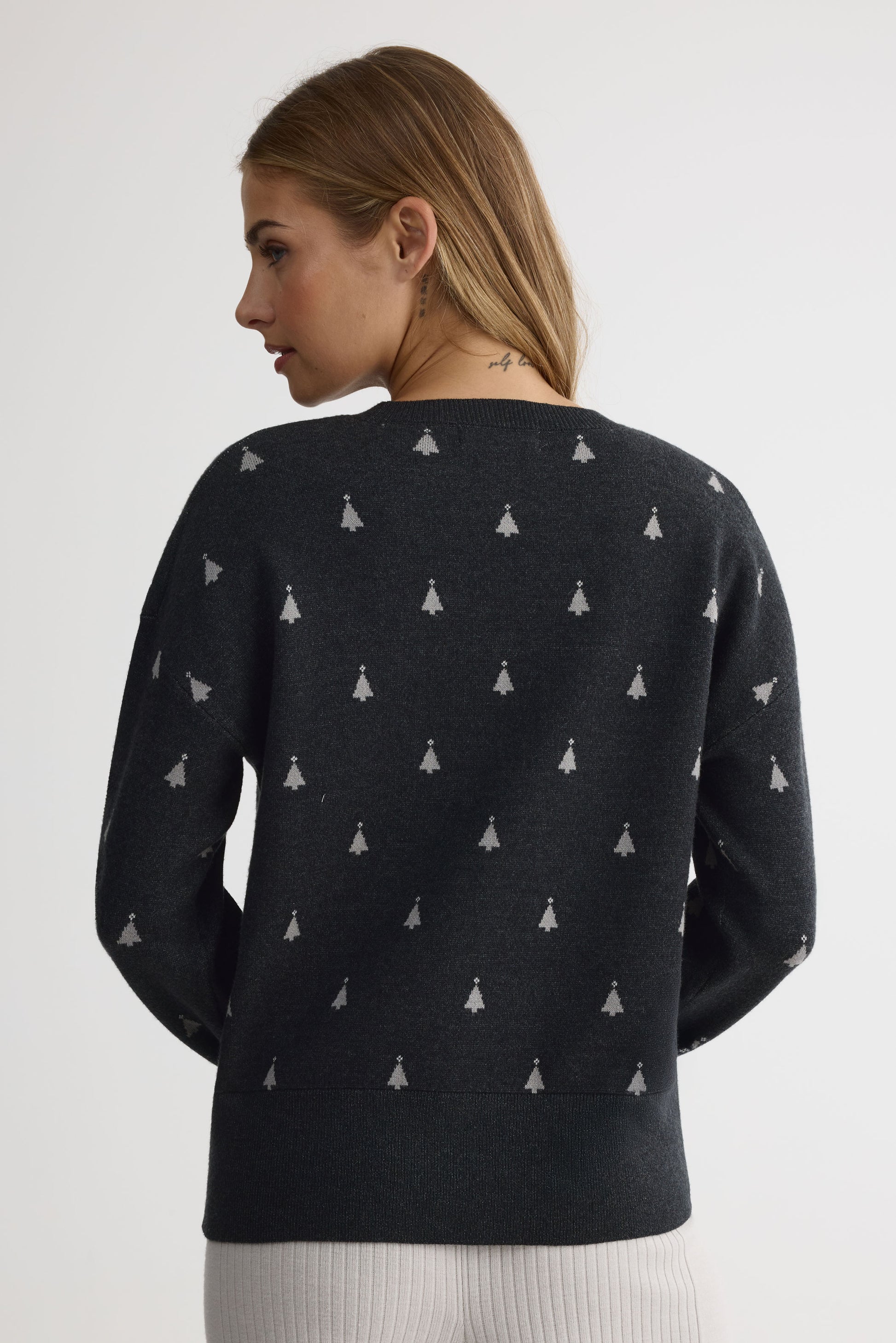 Chandail tricot col rond en jacquard – Femme && CHARBON/MULTI