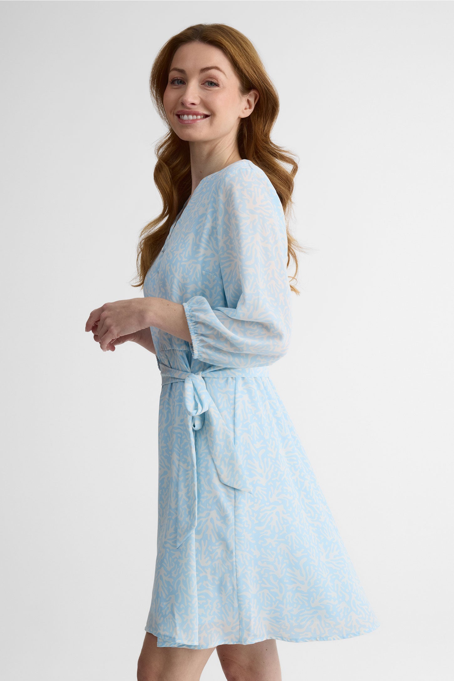 Robe longue col V avec ceinture - Femme && BLEU MULTI