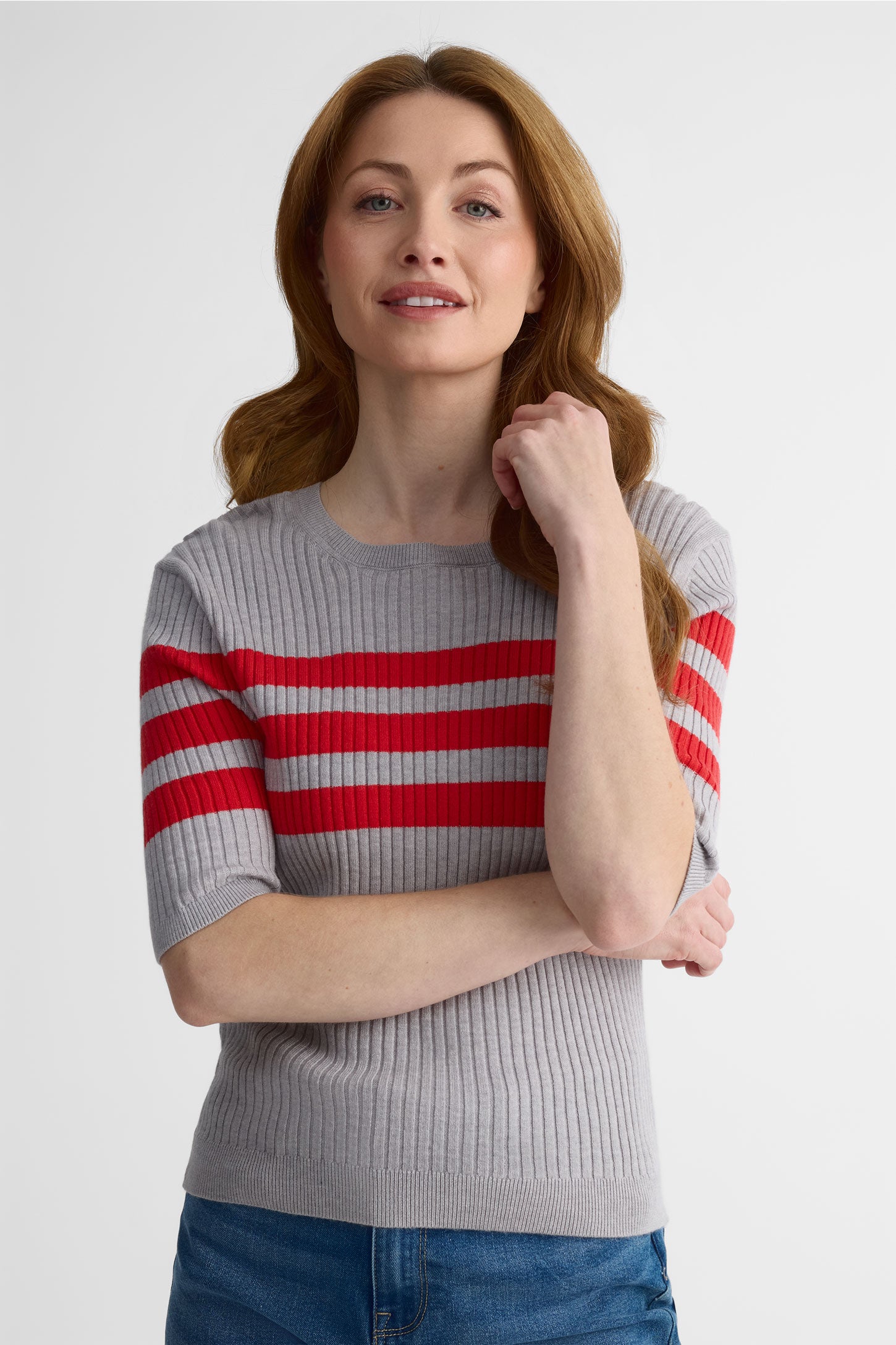 Chandail tricot ajusté à manches courtes - Femme && GRIS MULTI