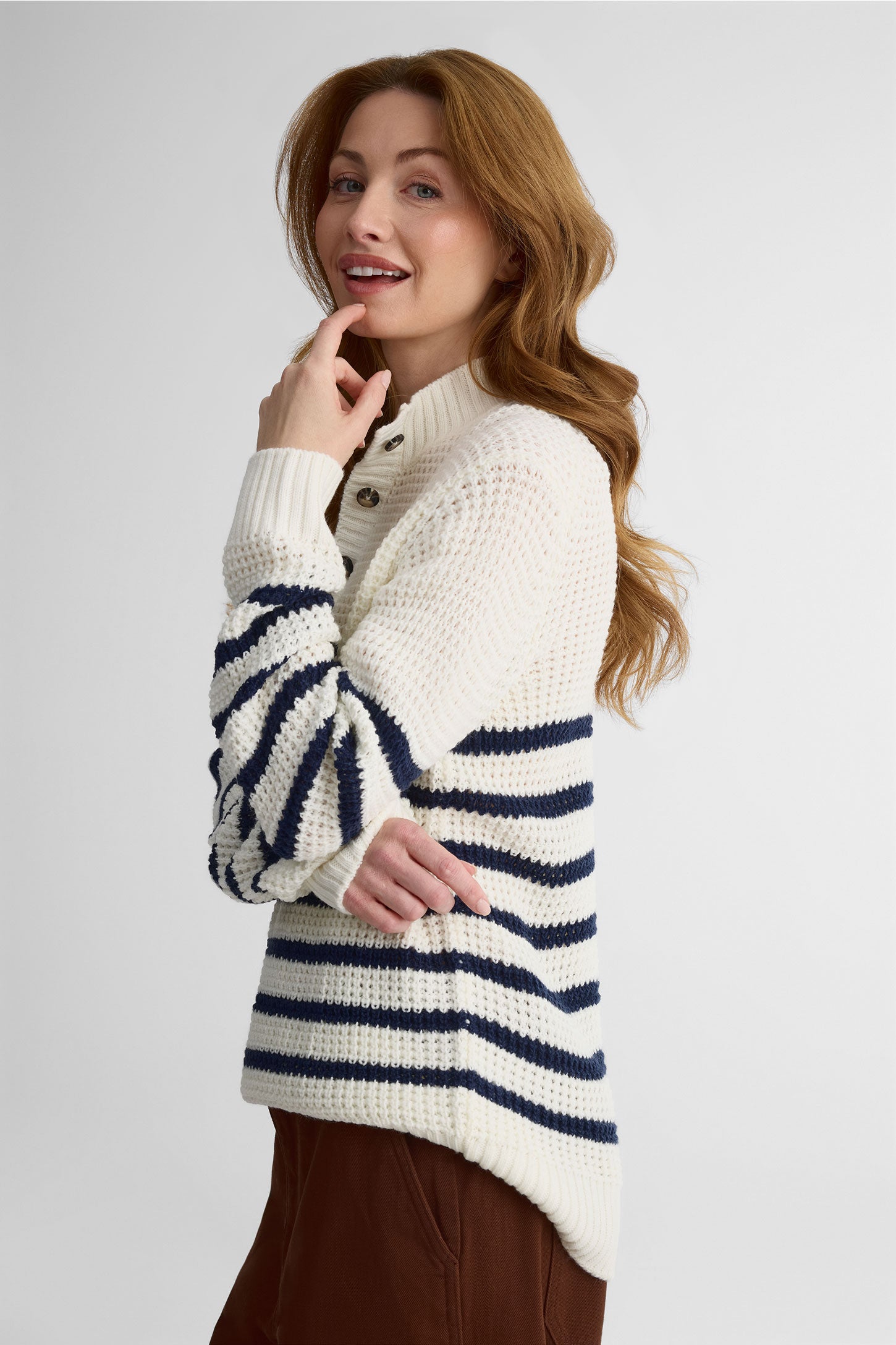 Chandail tricot col Henley à manches longues - Femme && MARIN/MULTI