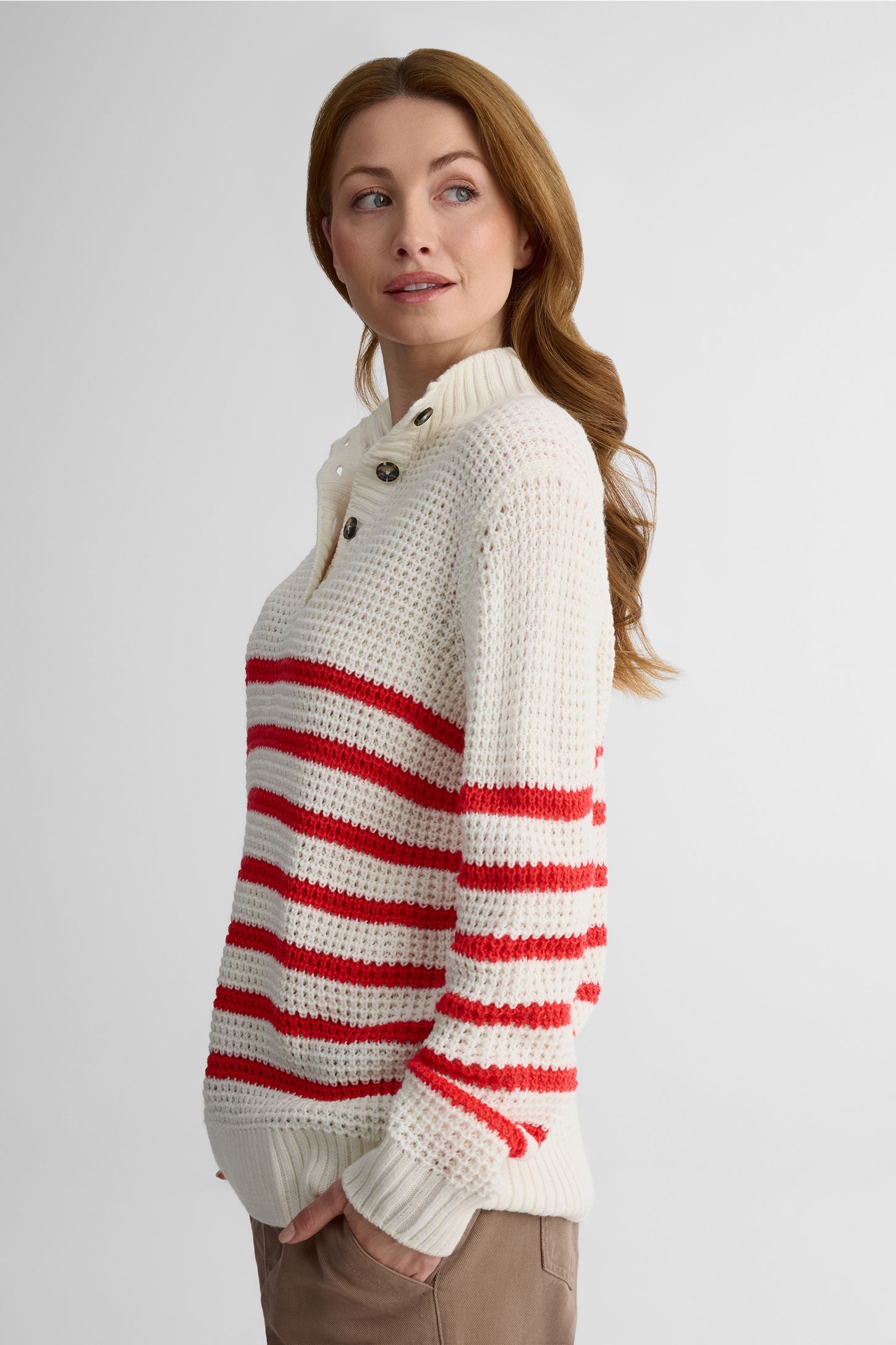 Chandail tricot col Henley à manches longues - Femme && ROUGE/MULTI