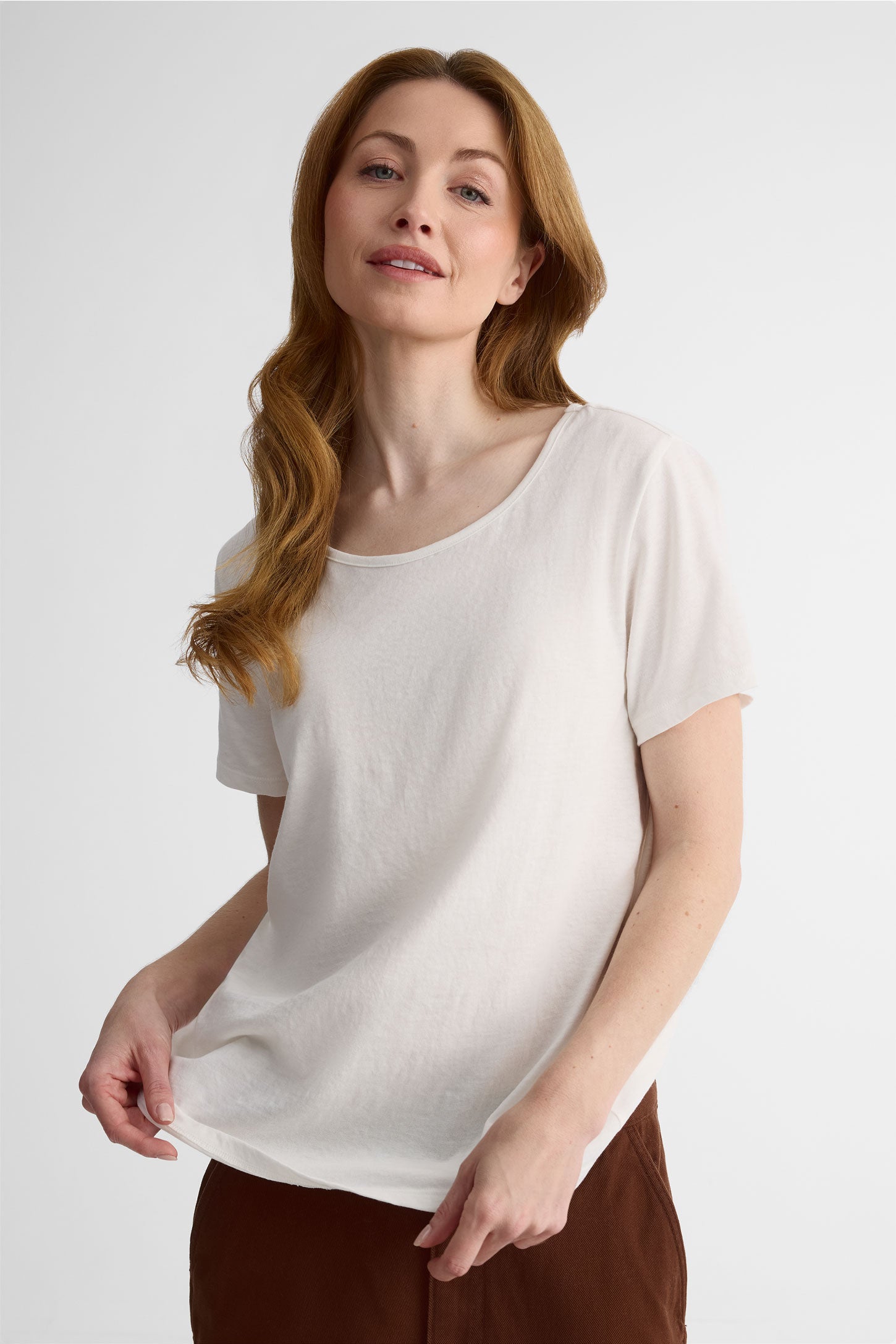 T-shirt col rond léger en coton - Femme && BLANC CASSÉ