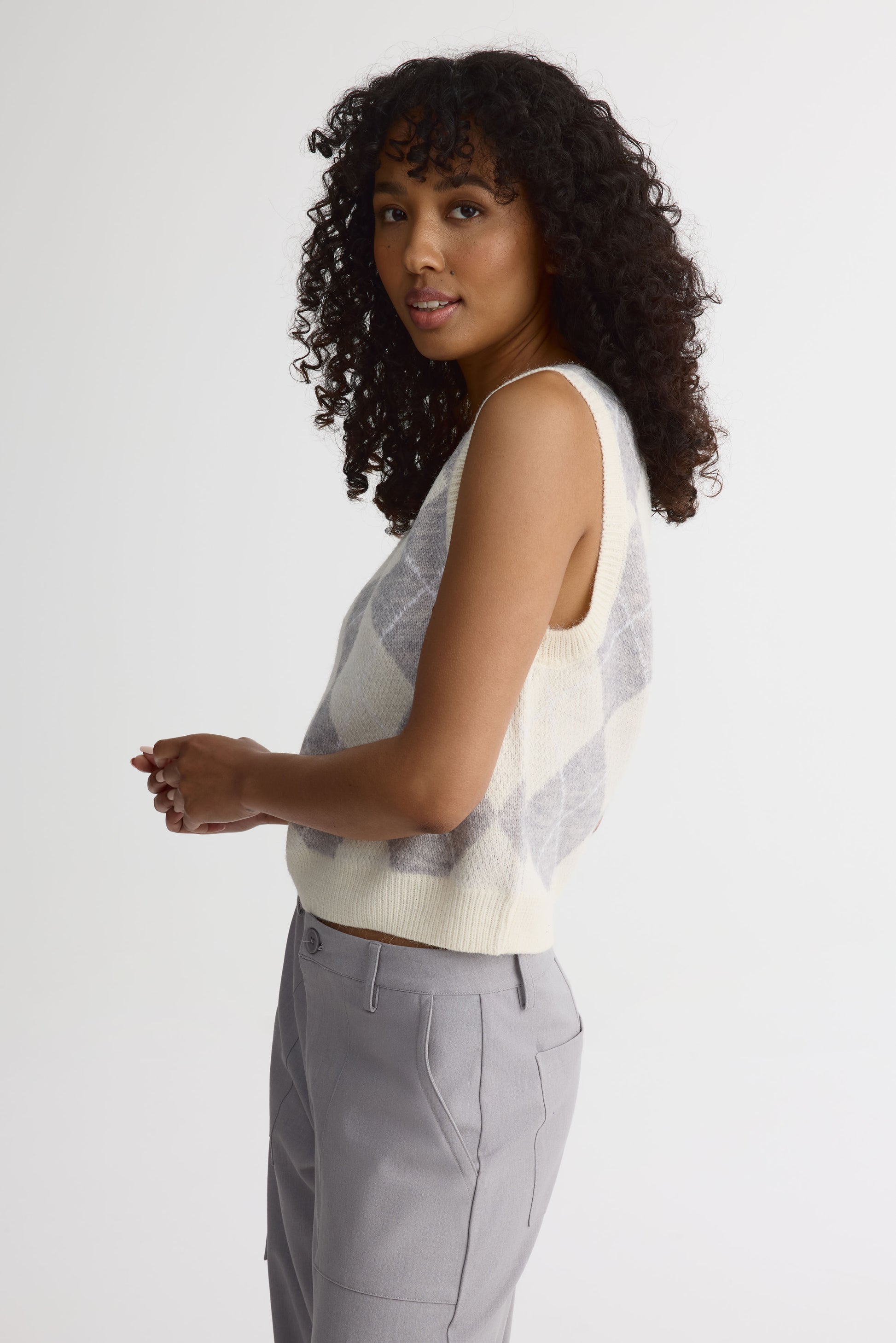 Veste sans manches en tricot col V - Femme && BLANC CASSÉ/MULTI