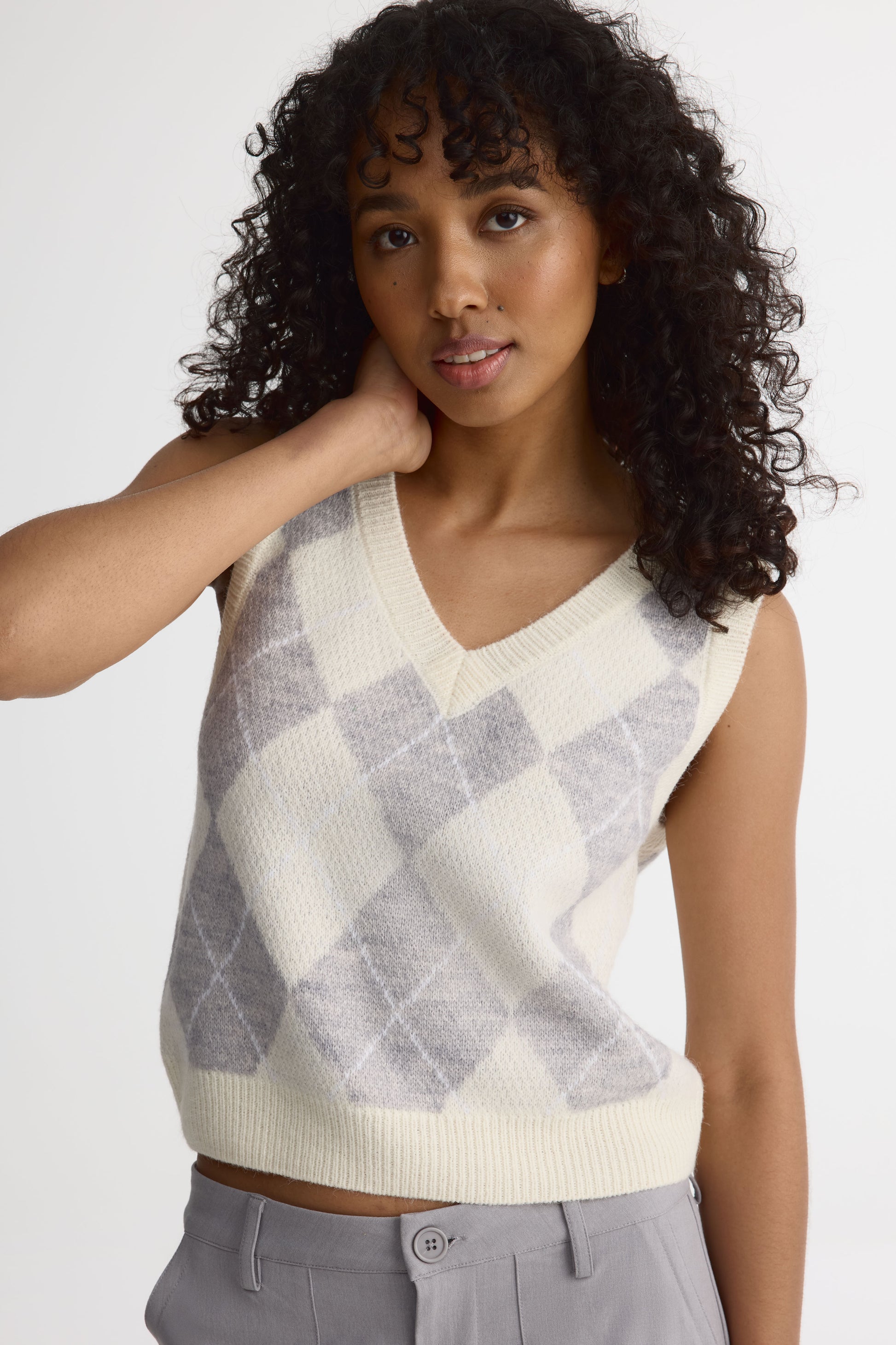 Veste sans manches en tricot col V - Femme && BLANC CASSÉ/MULTI