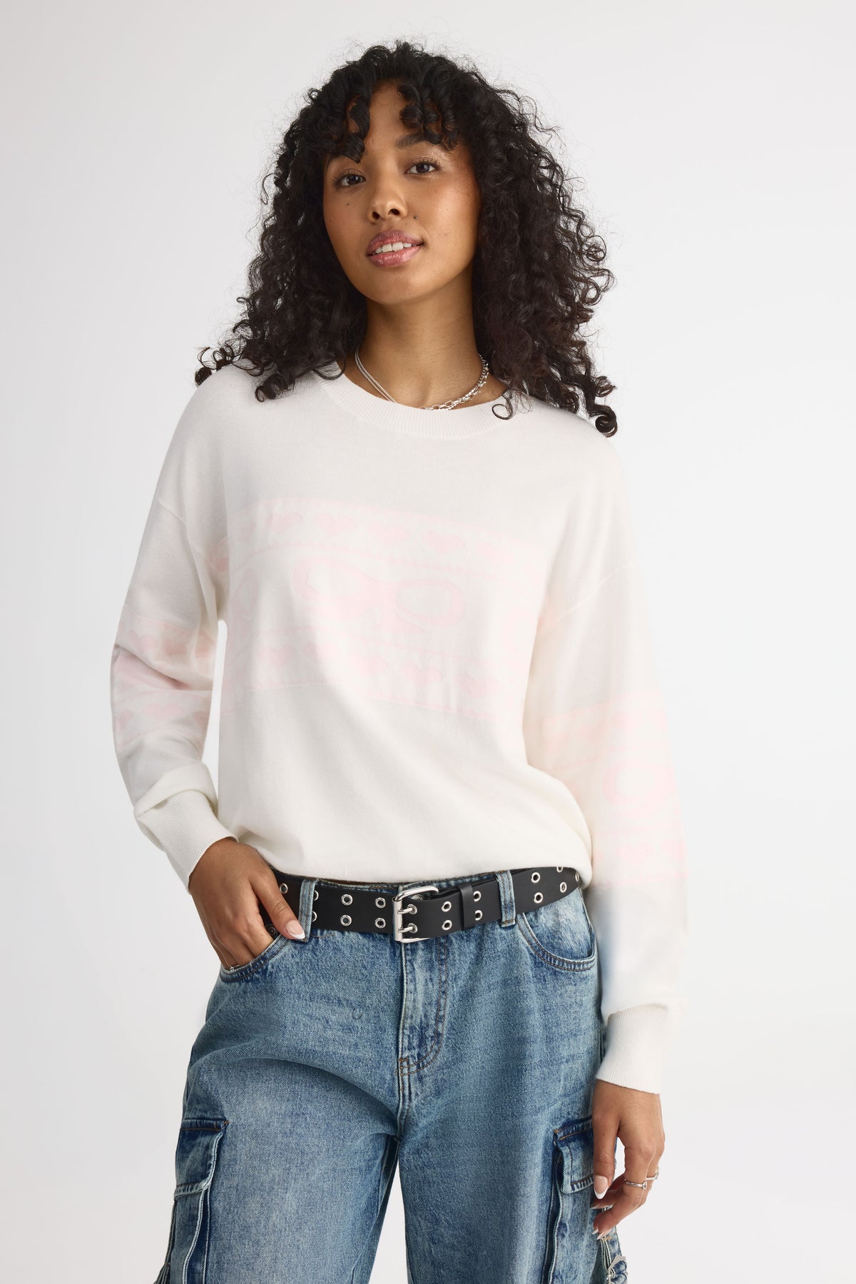 Chandail tricot à motifs – Jeune femme && BLANC CASSÉ/MULTI