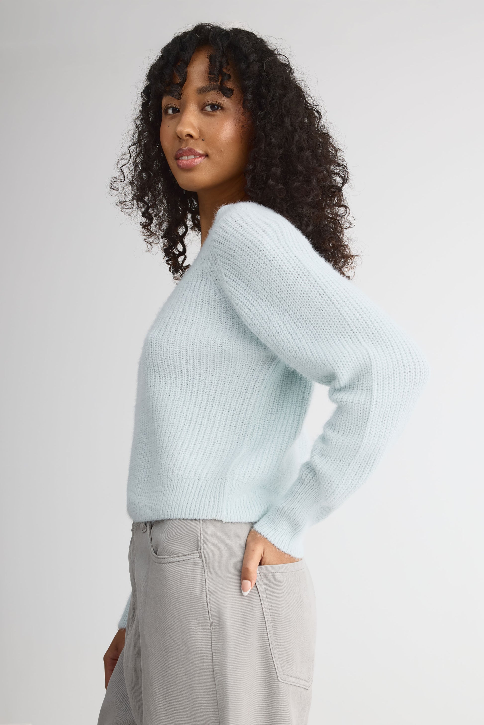 Chandail tricot tondue en col V – Femme && BLEU