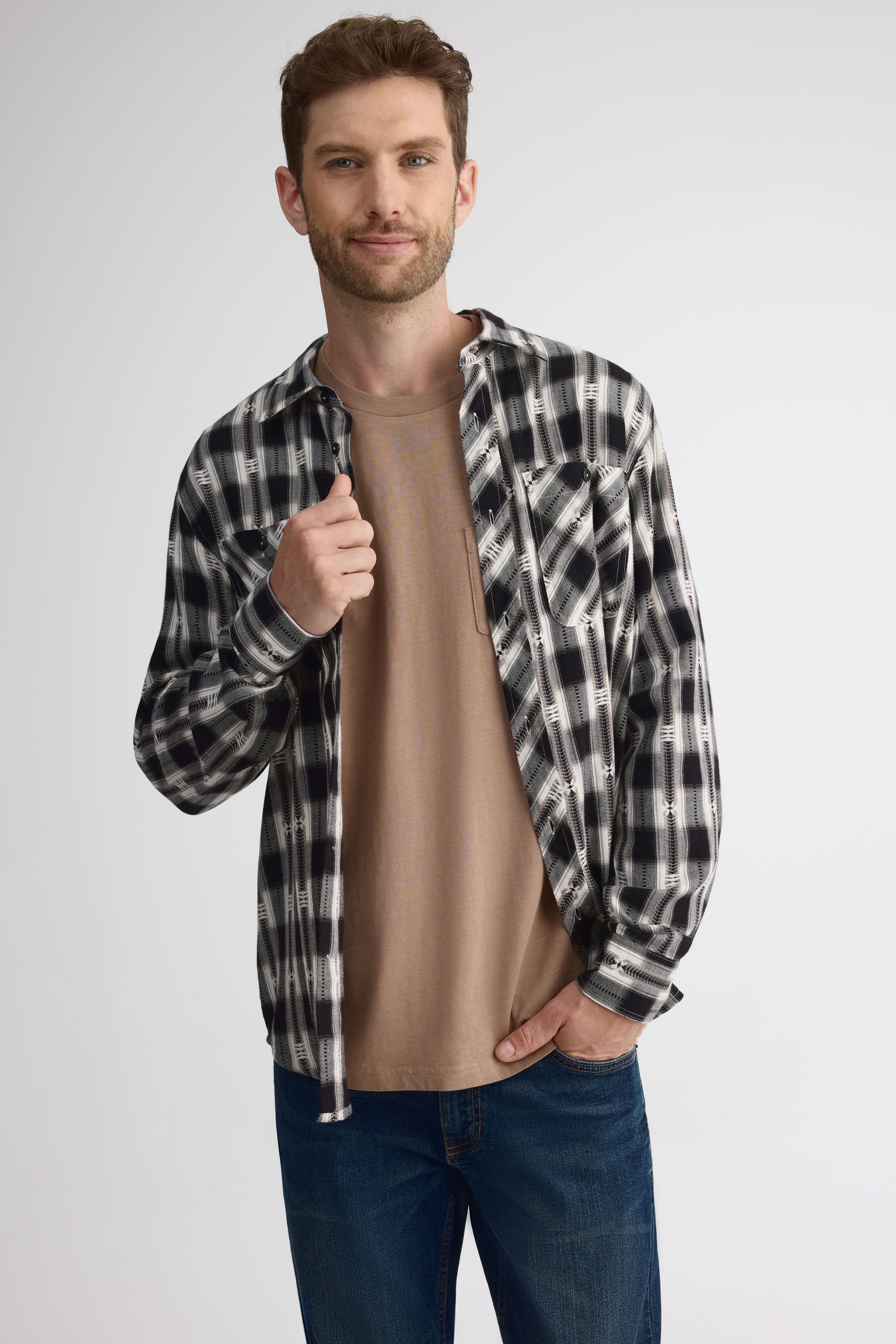 Chemise à manches longues en jacquard - Homme && BLANC CASSÉ/MULTI