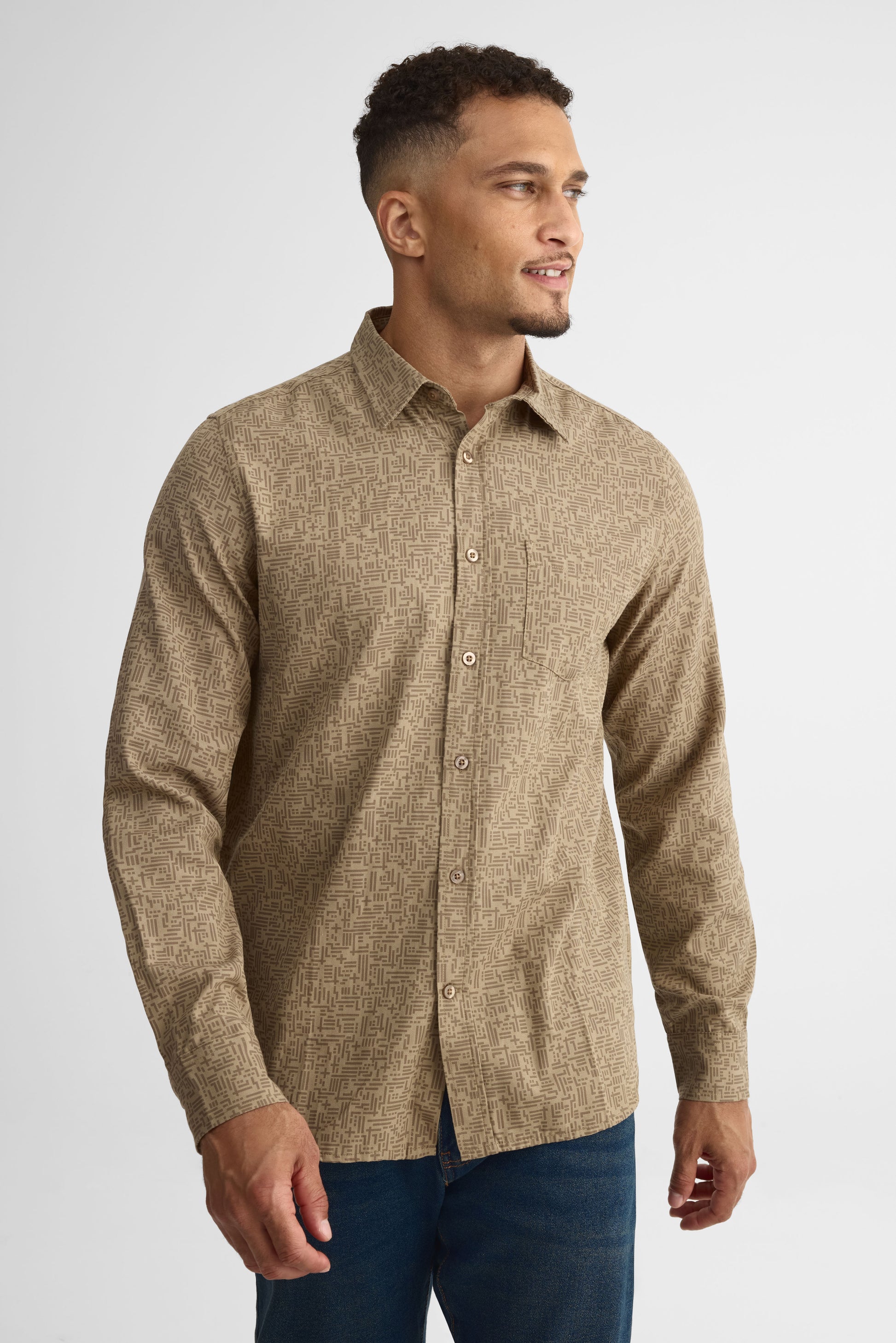 Chemise à manches longues en coton - Homme && TAUPE MULTI
