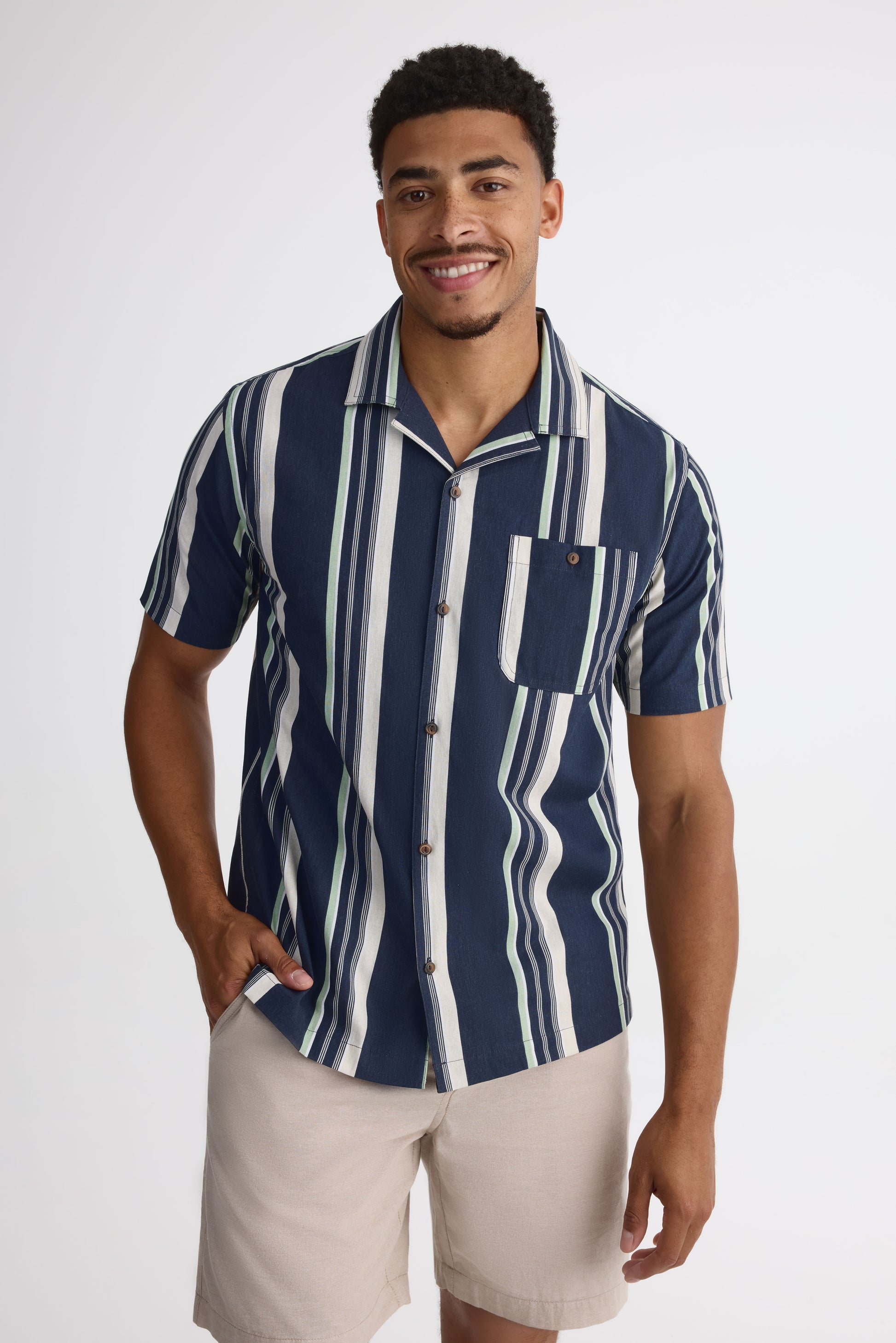 Chemise m/courtes col cubain en chambray - Homme && MARIN/MULTI