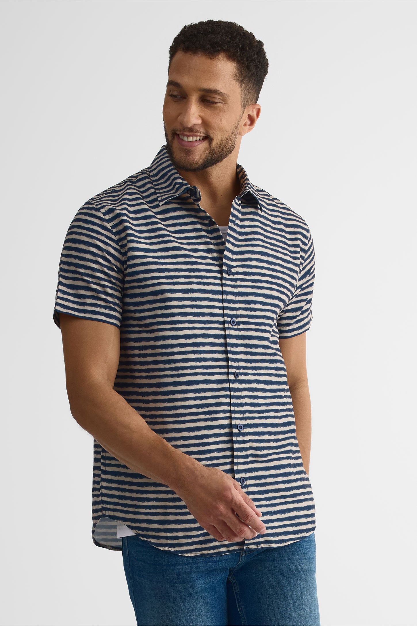 Chemise manches courtes imprimée en polyester - Homme && MARIN/MULTI