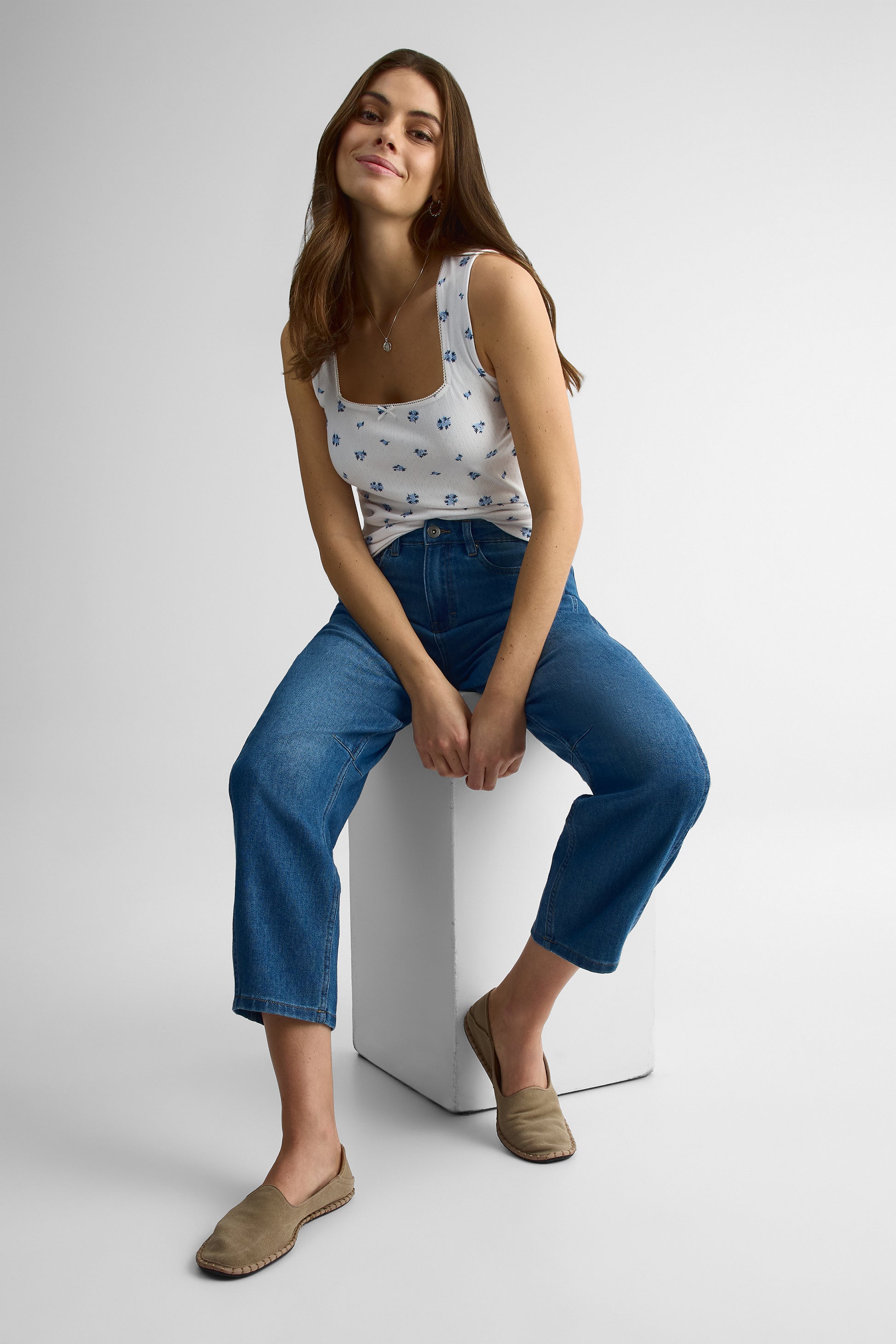 Camisole col carré ajustée en pointelle - Femme && BLANC MULTI