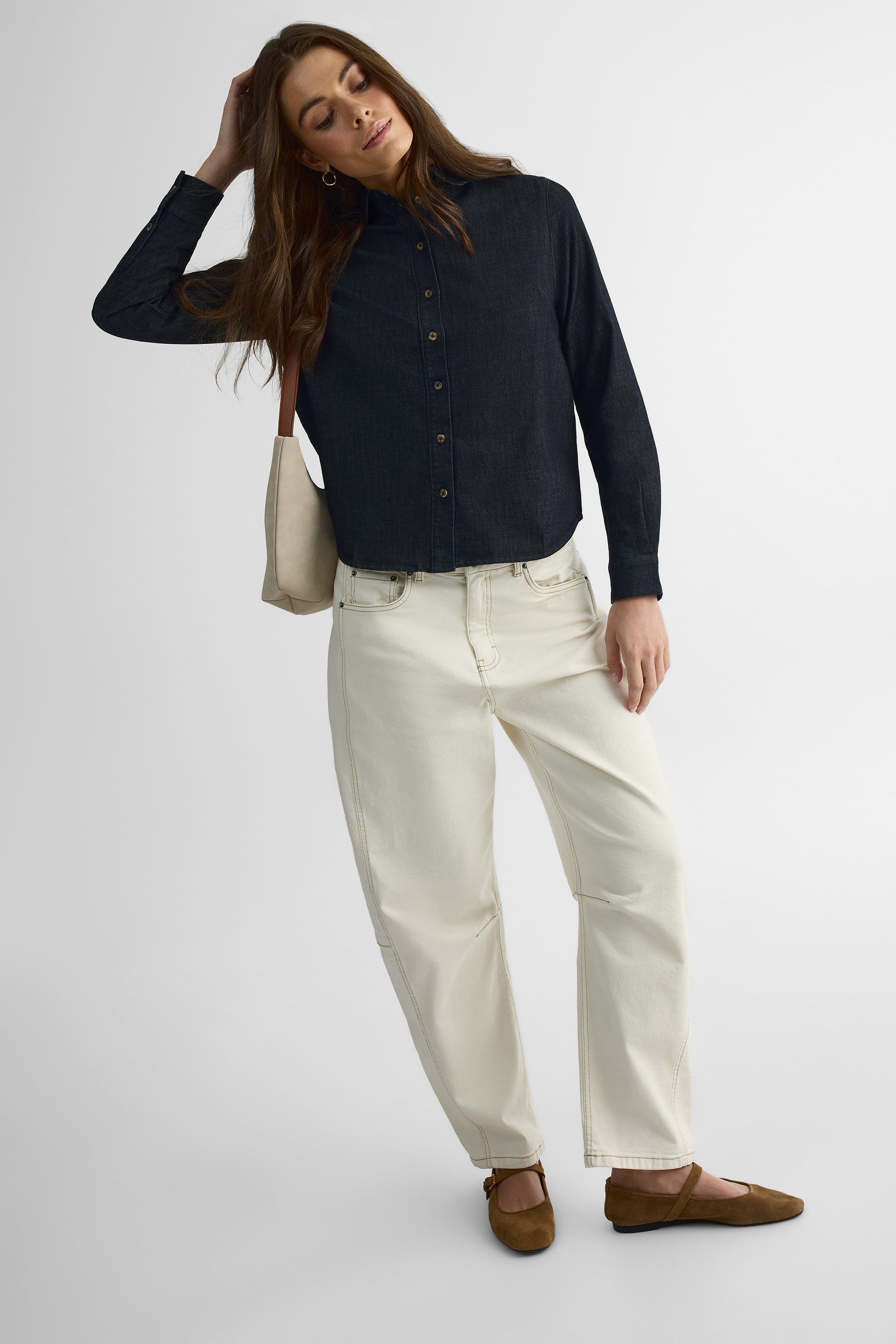 Pantalon barrel taille haute en denim - Femme && NATUREL