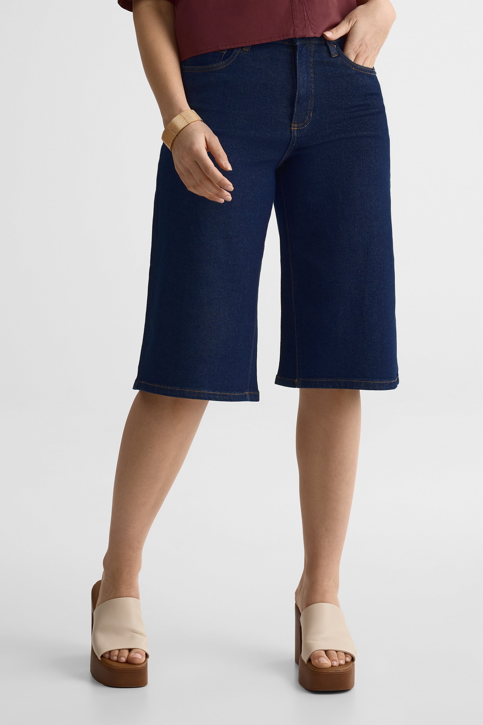 Short bermuda en jean taille haute – Femme && DENIM FONCE