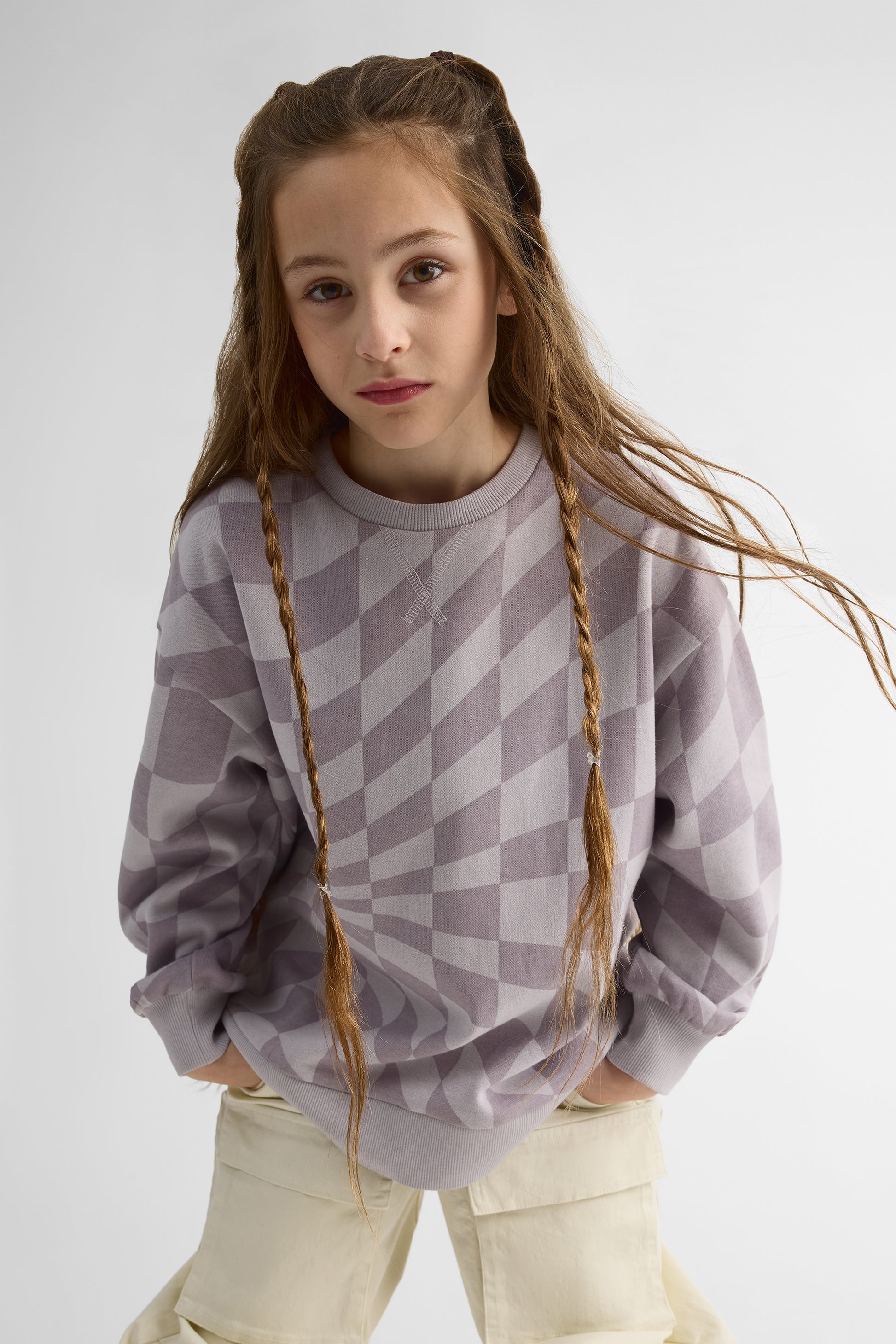 Chandail col rond imprimé - Enfant Fille && GRIS MULTI