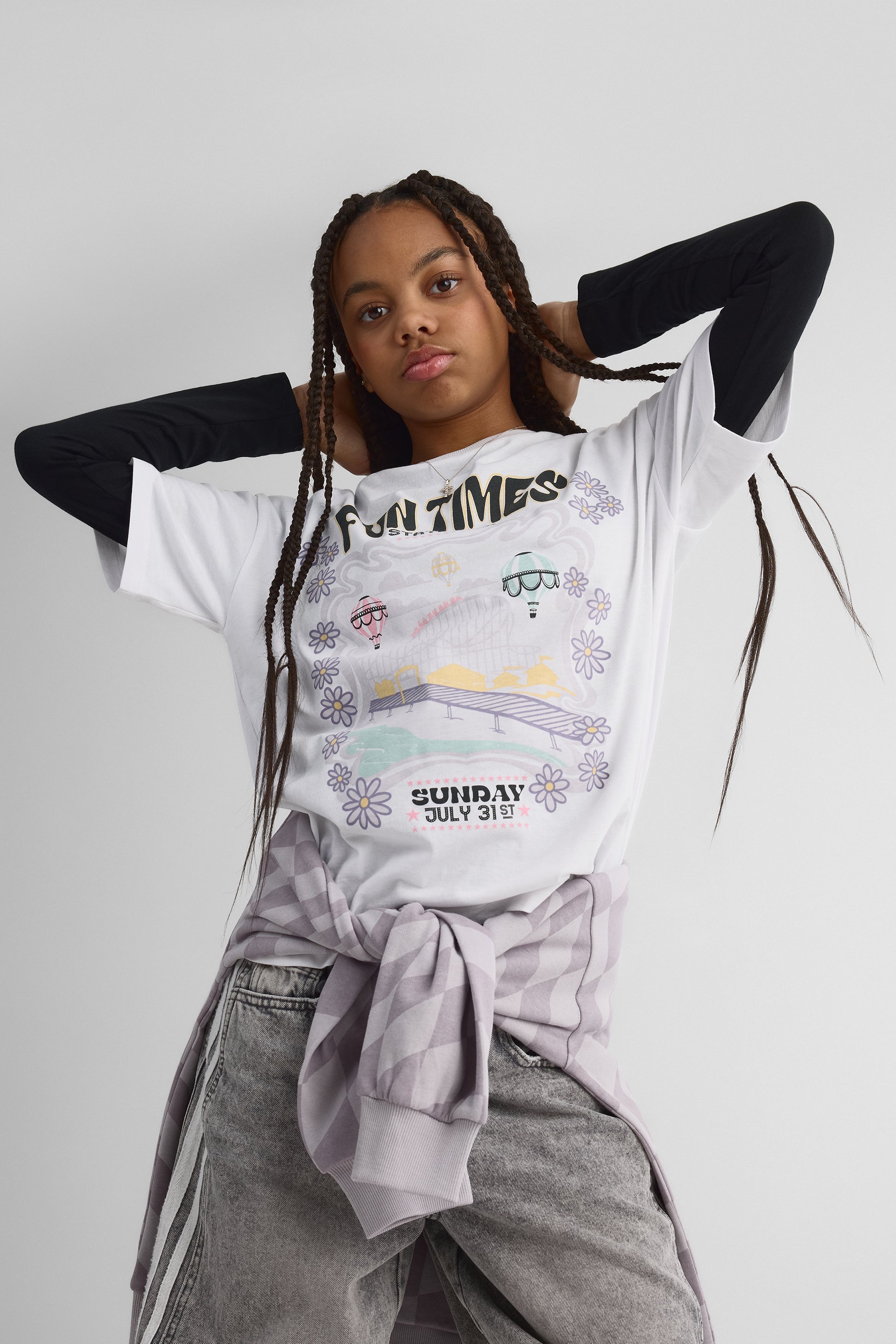 Chandail M/courtes oversize avec graphique - Ado fille && BLANC