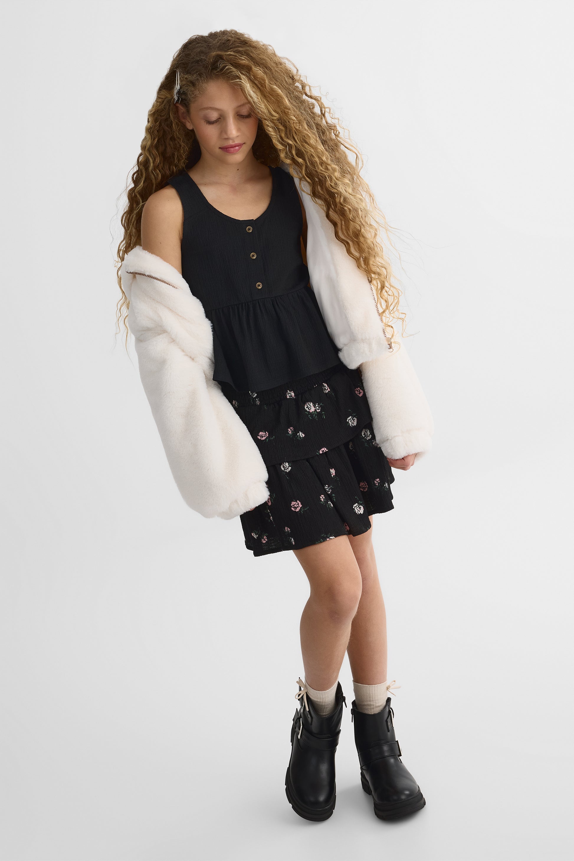 Jupe élastique crinkled – Ado fille && NOIR/MULTI
