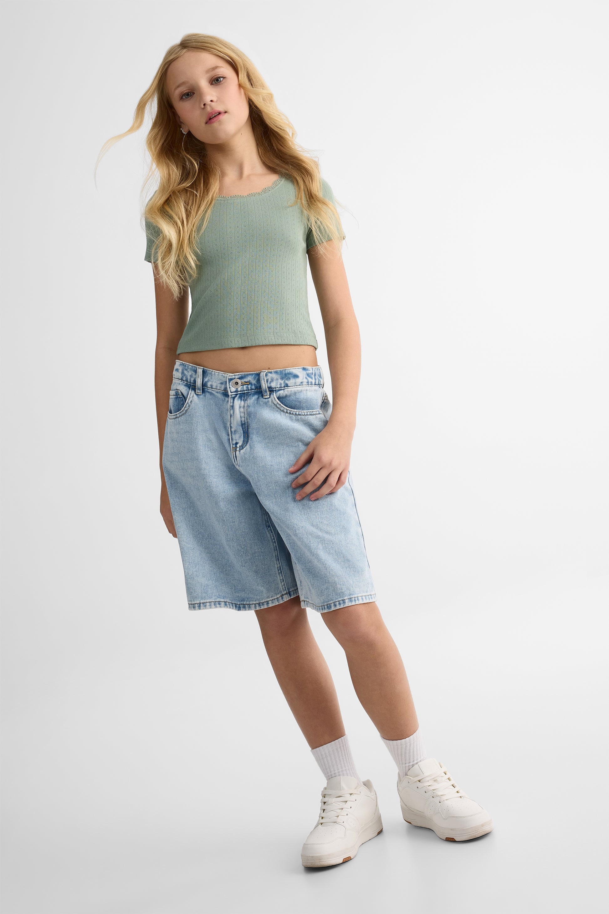 Bermudas en denim semi-taille élastique - Ado fille && DENIM PALE