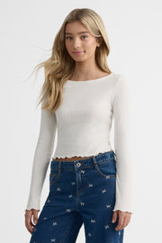 Chandail léger col bateau en pointel rib - Ado fille && BEIGE