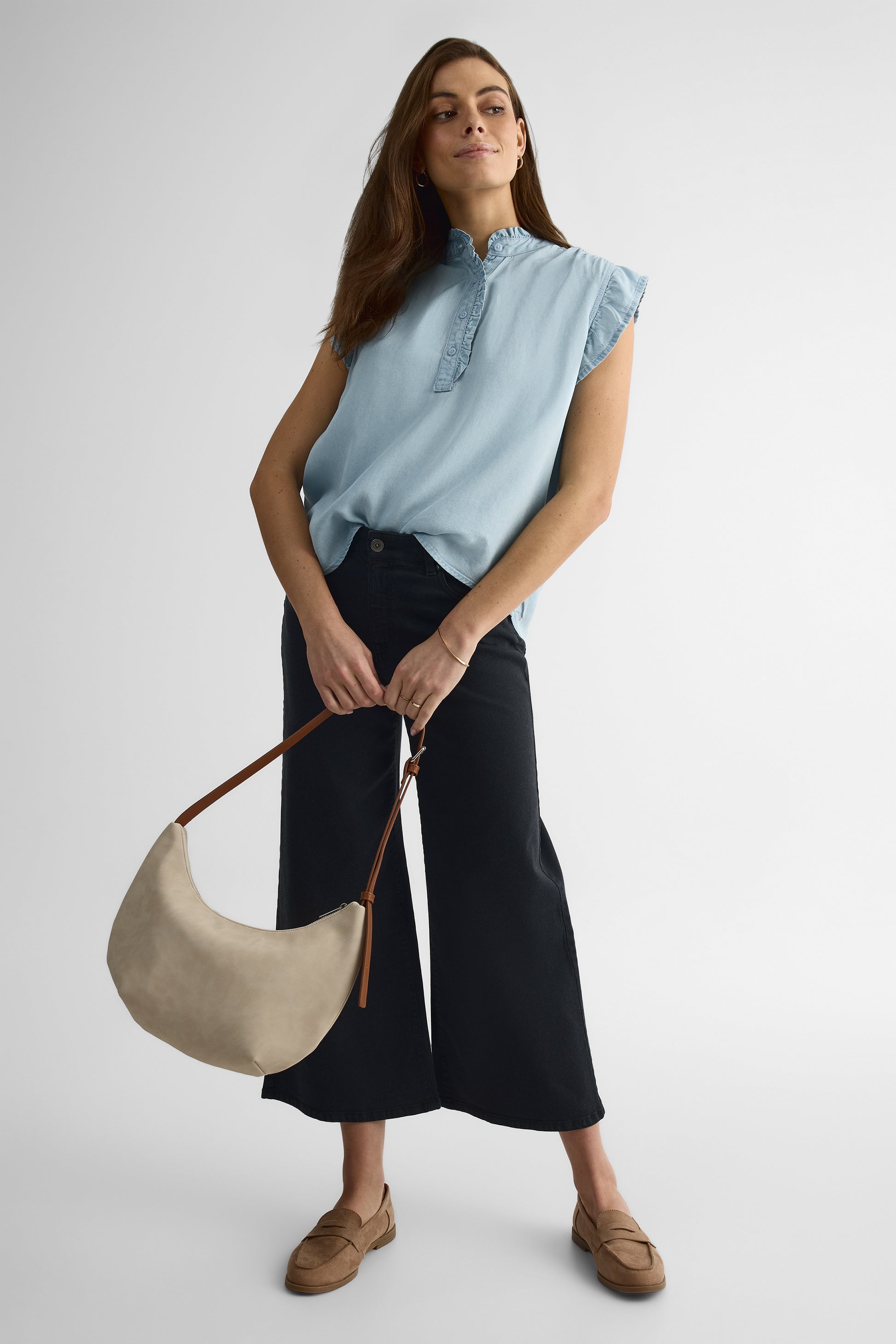 Pantalon taille haute cropped en denim - Femme && CHARBON