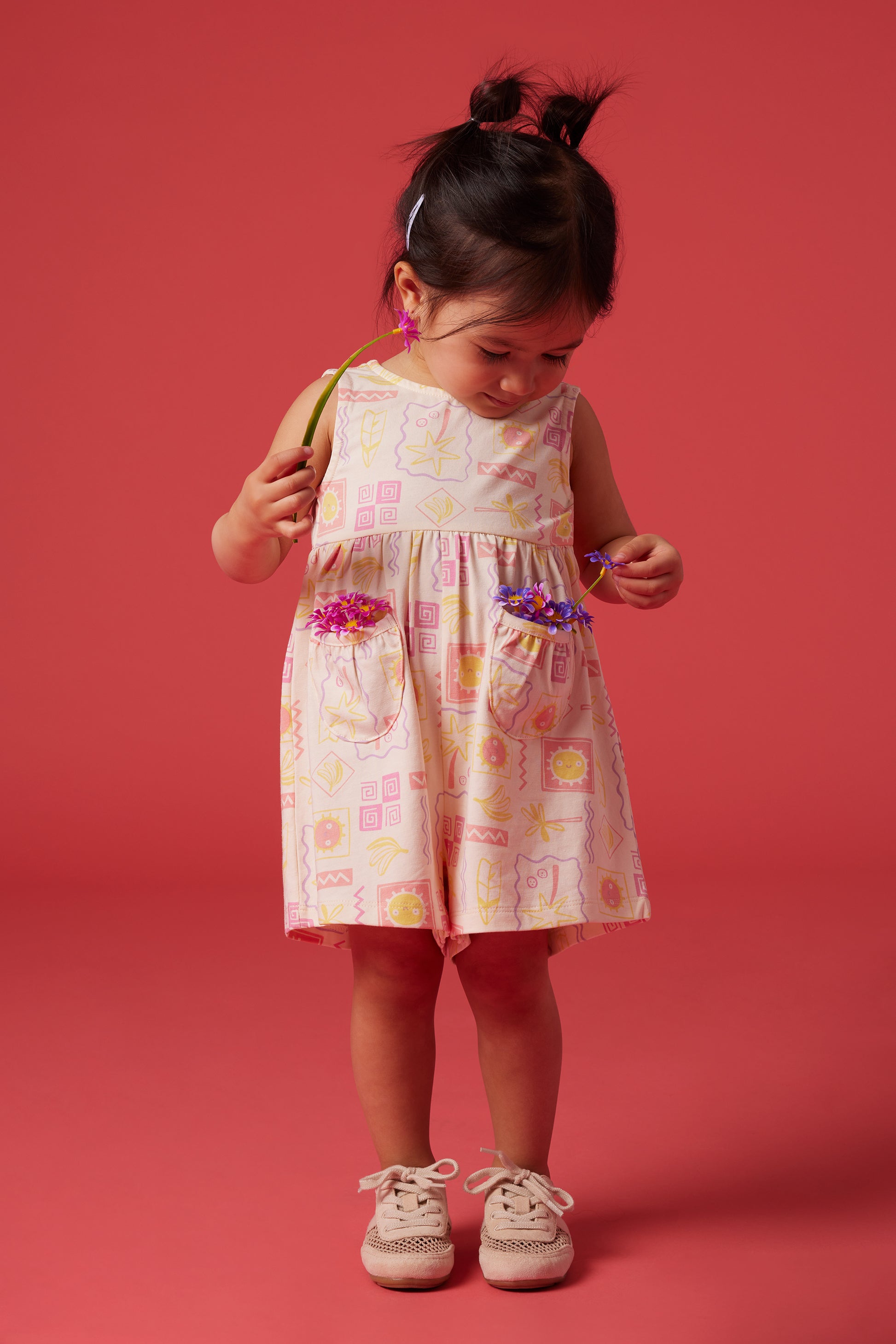 Barboteuse sans manches coton peigné - Bébé fille && BLANC CASSÉ\MULTI