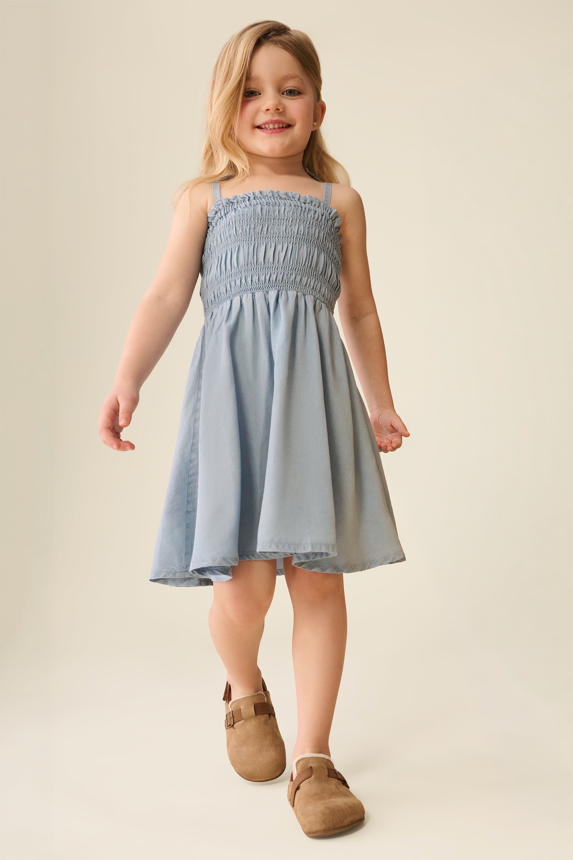 Robe nid d'abeille à fines bretelles - Enfant fille && DENIM PALE