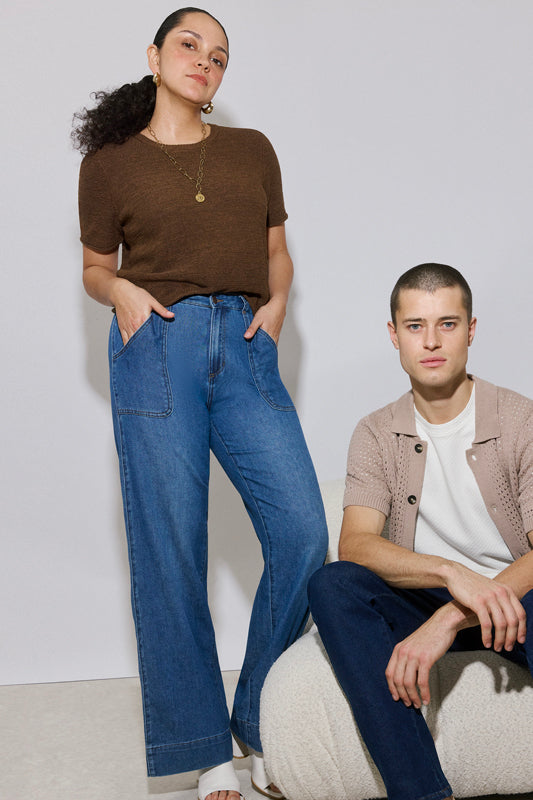 Jeans taille haute jambe large – Femme && DENIM MOYEN