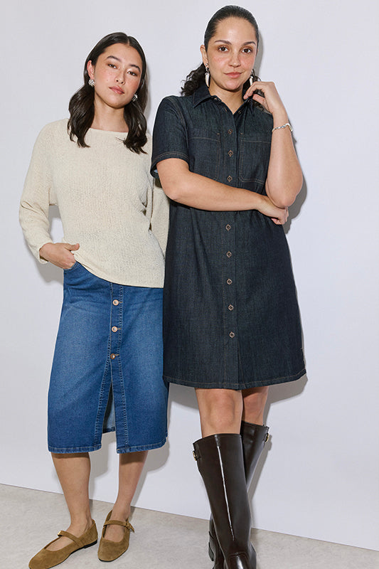 Robe en denim A-line à boutons – Femme && DENIM FONCE